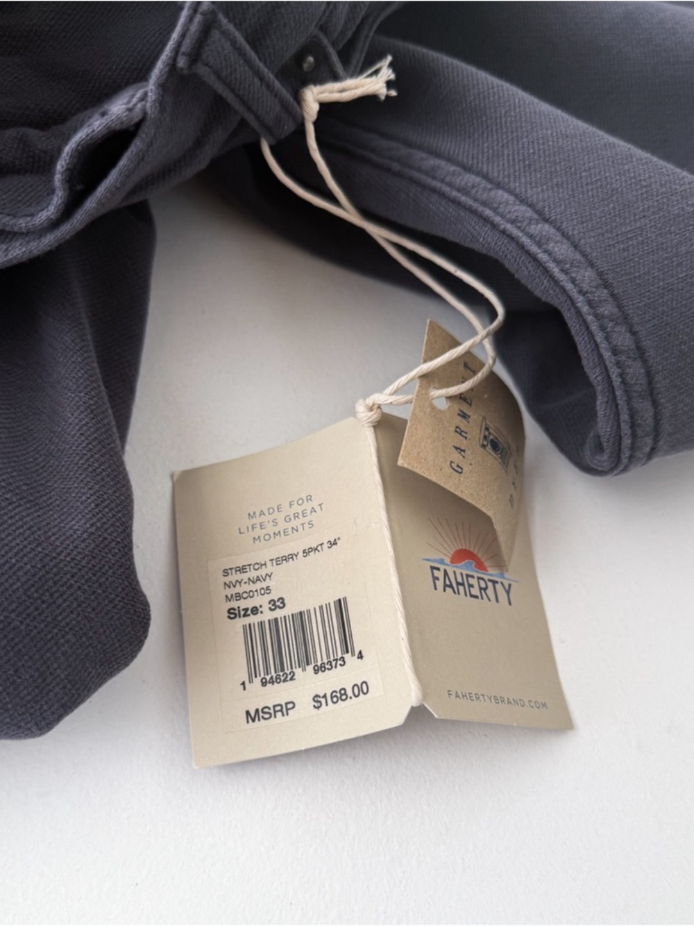 New Faherty Stretch Terry Five Pocket Pants Athletic Mens 33x34 New Blue Gray - Picture 12 of 13